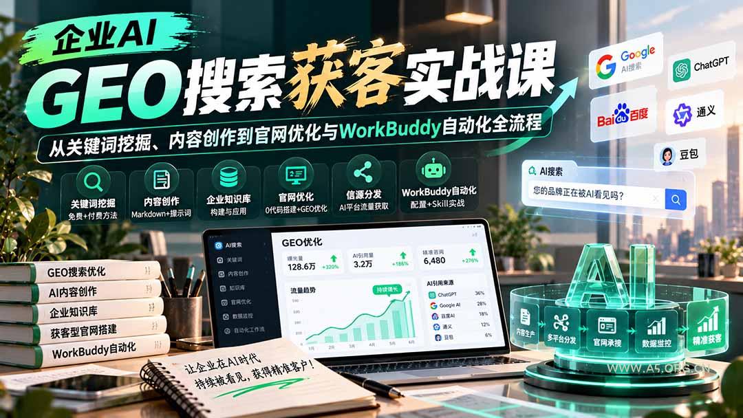 企业AI GEO搜索获客实战课:从关键词挖掘、内容创作到官网优化与WorkBuddy自动化全流程-小红泡