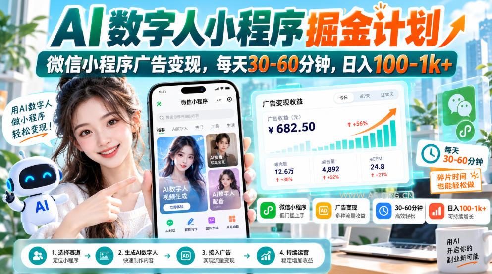 【无水印】AI数字人小程序掘金计划，微信小程序广告变现，每天30‑60分钟，日入100‑1k+-小红泡