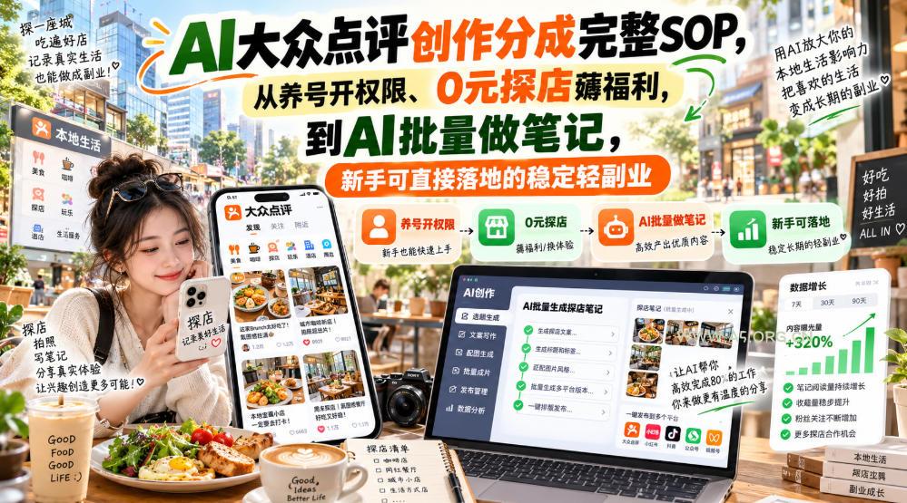 【无水印】AI大众点评创作分成完整SOP，从养号开权限、0元探店薅福利，到AI批量做笔记，新手可直接落地的稳定轻副业-小红泡