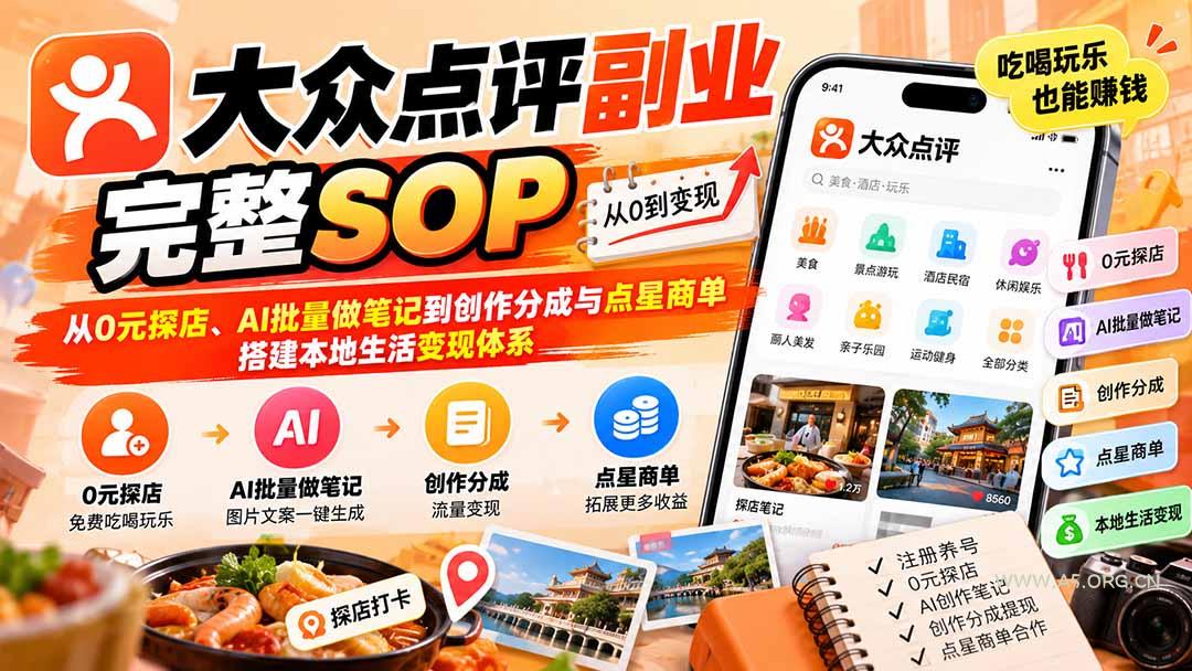【无水印】大众点评副业完整SOP:从0元探店、AI批量做笔记到创作分成与点星商单,搭建本地生活变现体系-小红泡