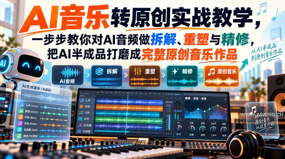 AI音乐转原创实战教学,一步步教你对AI音频做拆解、重塑与精修,把AI半成品打磨成完整原创音乐作品-小红泡