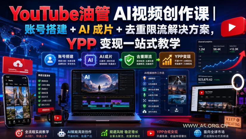 YouTube油管AI视频创作课|账号搭建+AI成片+去重限流解决方案,YPP变现一站式教学(更新0925)-小红泡
