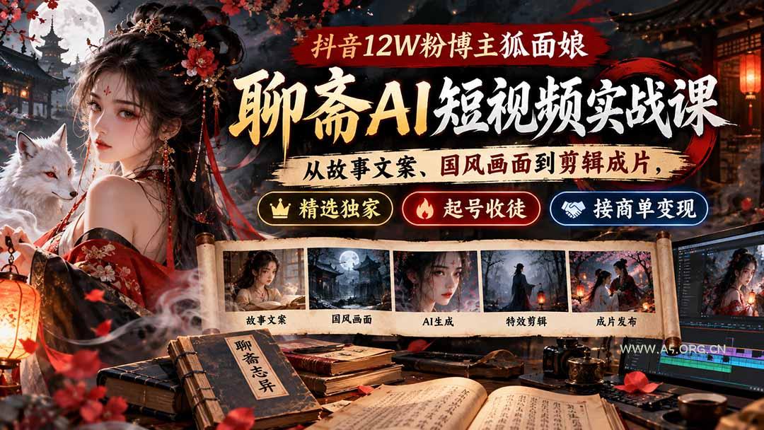 抖音12W粉博主狐面娘-聊斋AI短视频实战课:从故事文案、国风画面到剪辑成片,精选独家+起号收徒+接商单变现-小红泡