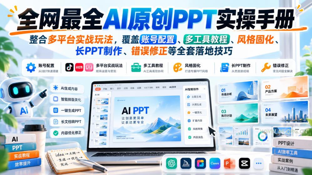 全网最全AI原创PPT实操手册，整合多平台实战玩法，覆盖账号配置、多工具教程、风格固化、长PPT制作、错误修正等全套落地技巧-小红泡