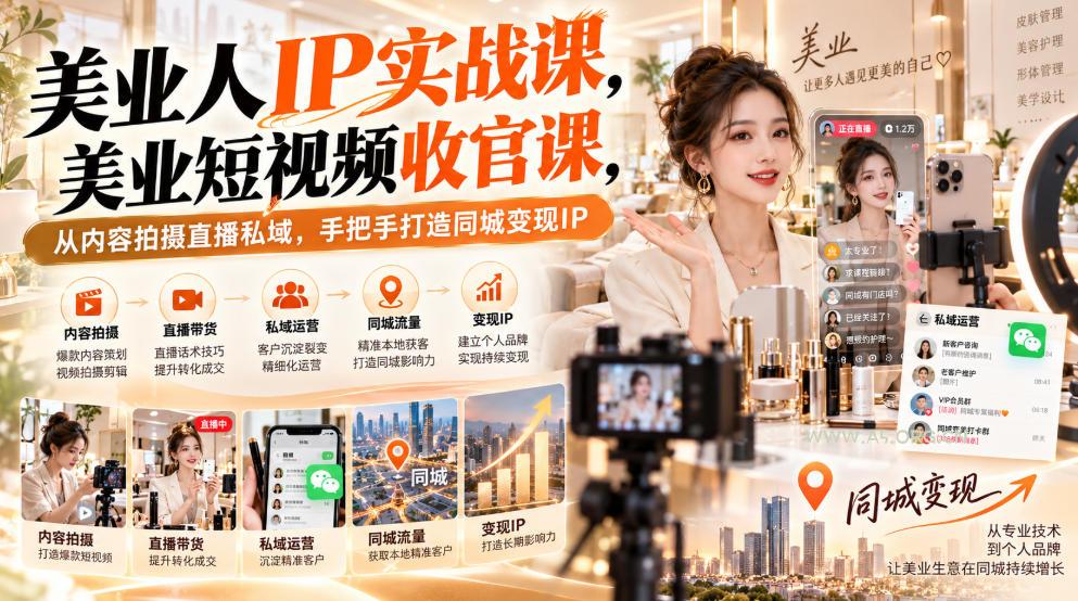 【无水印】美业人IP实战课,美业短视频收官课,从内容拍摄直播私域,手把手打造同城变现IP-小红泡