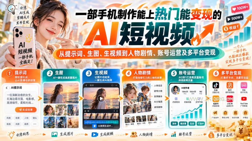 【无水印】一部手机制作能上热门能变现的AI短视频,从提示词、生图、生视频到人物剧情、账号运营及多平台变现-小红泡