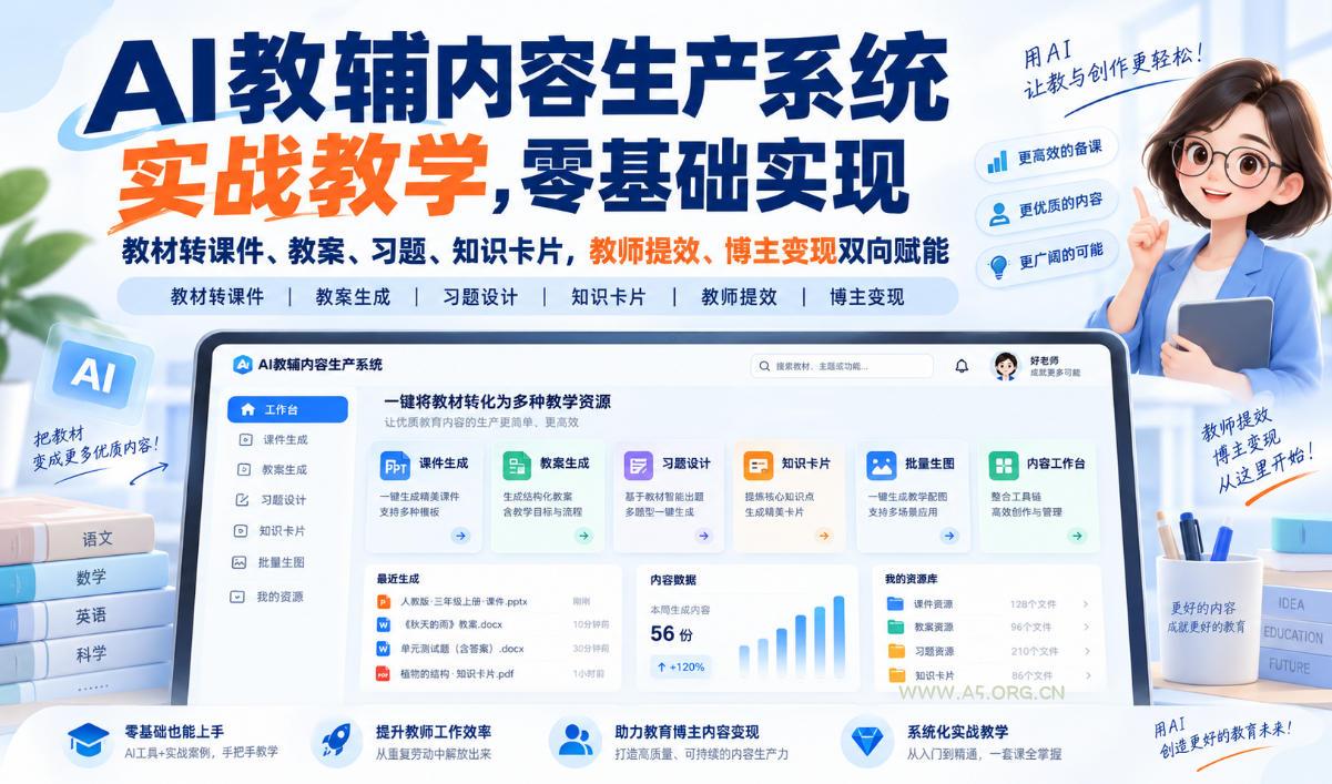 【无水印】AI教辅内容生产系统实战教学,零基础实现教材转课件、教案、习题、知识卡片,教师提效、博主变现双向赋能(更新0926)-小红泡