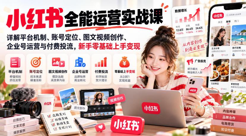 小红书全能运营实战课,详解平台机制、账号定位、图文视频创作、企业号运营与付费投流,新手零基础上手变现-小红泡
