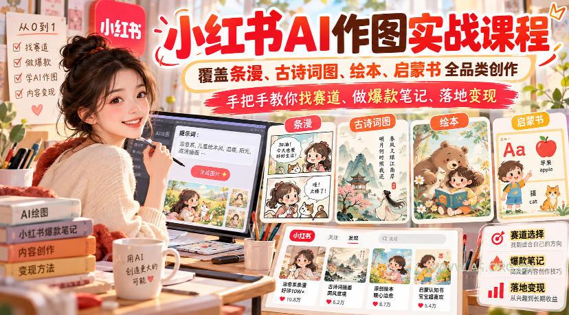 小红书AI作图实战课程,覆盖条漫、古诗词图、绘本、启蒙书全品类创作,手把手教你找赛道、做爆款笔记、落地变现-小红泡