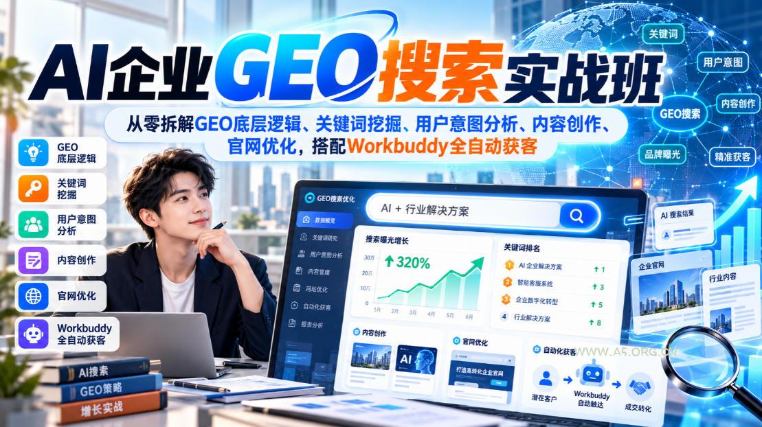 AI企业GEO搜索实战班,从零拆解GEO底层逻辑、关键词挖掘、用户意图分析、内容创作、官网优化,搭配Workbuddy全自动获客-小红泡