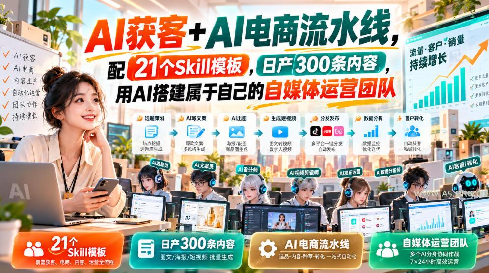 AI获客+AI电商流水线，配21个Skill模板，日产300条内容，用AI搭建属于自己的自媒体运营团队-小红泡