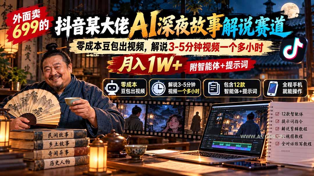 外面卖699的抖音某大佬AI深夜故事解说赛道：零成本豆包出视频，解说3-5分钟视频一个多小时，月入1W+附智能体+提示词-小红泡