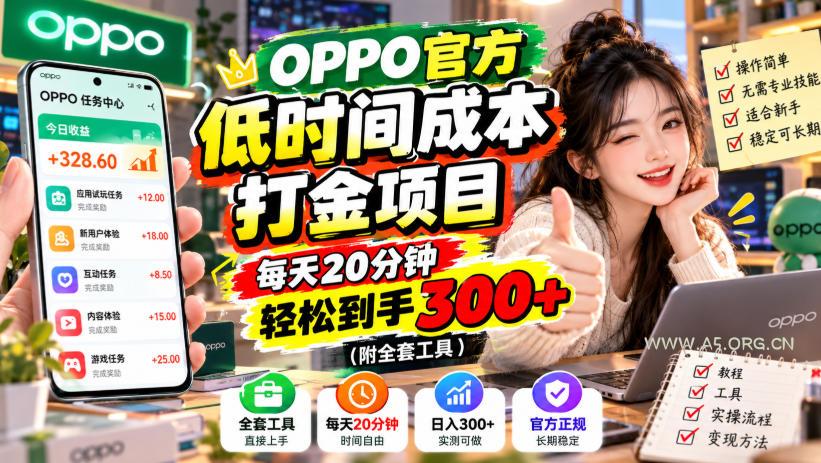 OPPO官方低时间成本打金项目,每天20分钟,轻松到手300+(附全套工具)【揭秘】-小红泡
