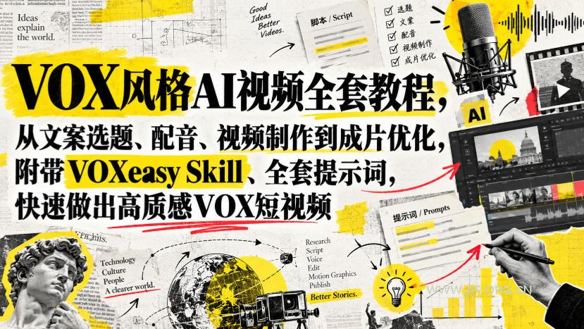 VOX风格AI视频全套教程，从文案选题、配音、视频制作到成片优化，附带VOXeasy Skill、全套提示词，快速做出高质感VOX短视频-小红泡