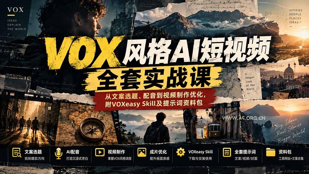 【无水印】VOX风格AI短视频全套实战课:从文案选题、配音到视频制作优化,附VOXeasy Skill及提示词资料包-小红泡