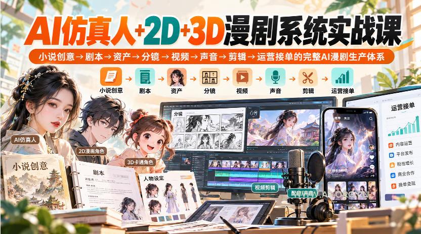 【无水印】AI仿真人+2D+3D漫剧系统实战课,小说创意→剧本→资产→分镜→视频→声音→剪辑→运营接单的完整AI漫剧生产体系-小红泡