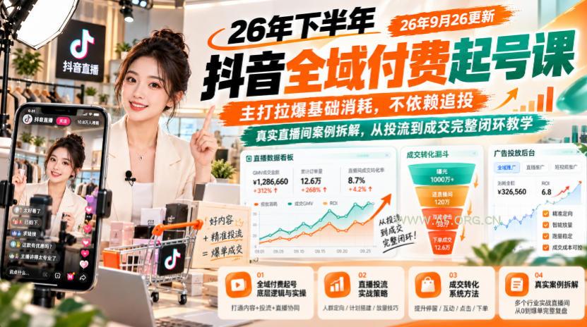 26年下半年抖音全域付费起号课26年9月26更新，主打拉爆基础消耗，不依赖追投，真实直播间案例拆解，从投流到成交完整闭环教学-小红泡