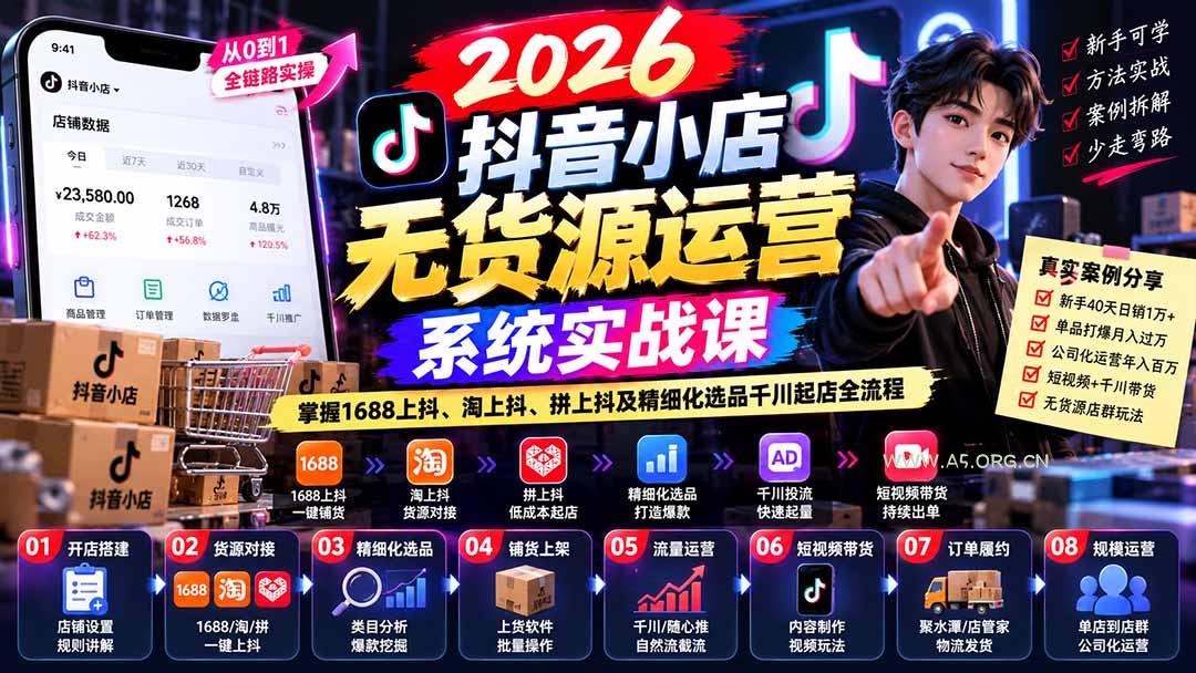 【无水印】2026抖音小店无货源运营系统实战课:掌握1688上抖、淘上抖、拼上抖及精细化选品千川起店全流程-小红泡