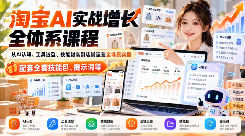 淘宝AI实战增长全体系课程,从AI认知、工具选型、技能封装到店铺运营全场景实操,配套全套技能包、提示词等-小红泡