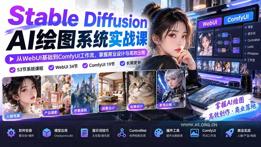 【无水印】Stable Diffusion AI绘图系统实战课:从WebUI基础到ComfyUI工作流,掌握商业设计与高效出图-小红泡