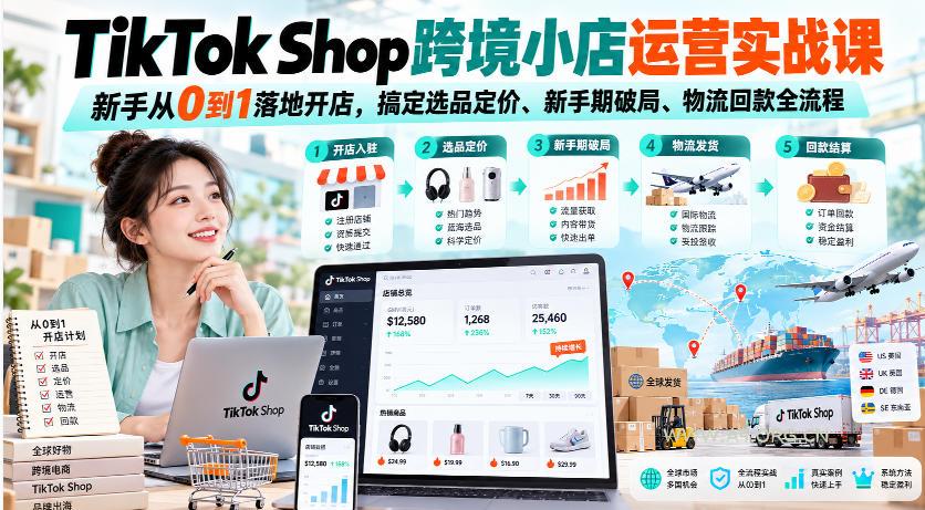 TikTok Shop跨境小店运营实战课,新手从0到1落地开店,搞定选品定价、新手期破局、物流回款全流程-小红泡