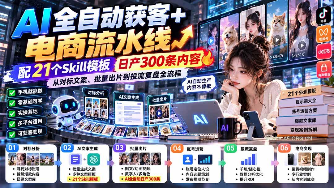 【无水印】AI全自动获客+电商流水线：配21个Skill模板，日产300条内容，从对标文案、批量出片到投流复盘全流程-小红泡
