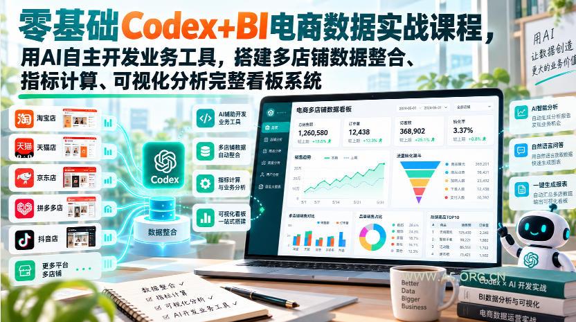 零基础Codex+BI电商数据实战课程,用AI自主开发业务工具,搭建多店铺数据整合、指标计算、可视化分析完整看板系统-小红泡