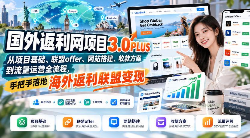 国外返利网项目3.0PLUS，从项目基础、联盟offer、网站搭建、收款方案到流量运营全流程，手把手落地海外返利联盟变现-小红泡