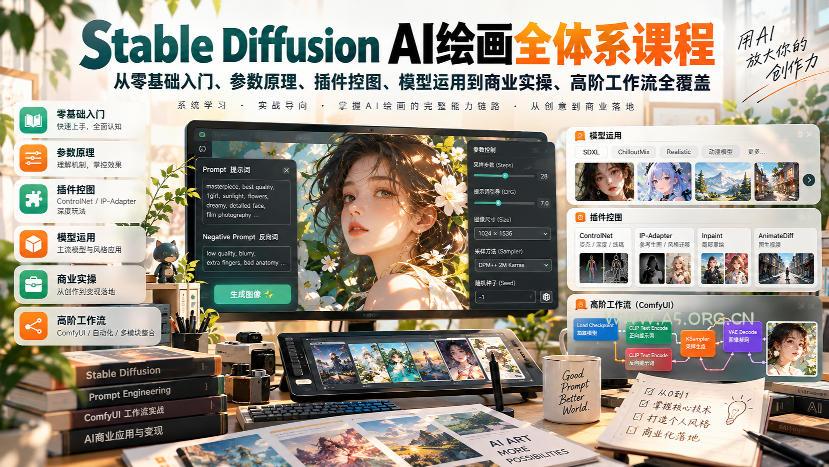 【无水印】Stable Diffusion AI绘画全体系课程,从零基础入门、参数原理、插件控图、模型运用到商业实操、高阶工作流全覆盖-小红泡