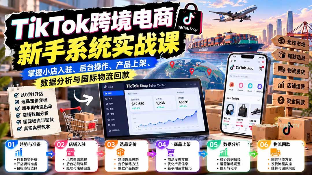 TikTok跨境电商新手系统实战课:掌握小店入驻、后台操作、产品上架、数据分析与国际物流回款-小红泡