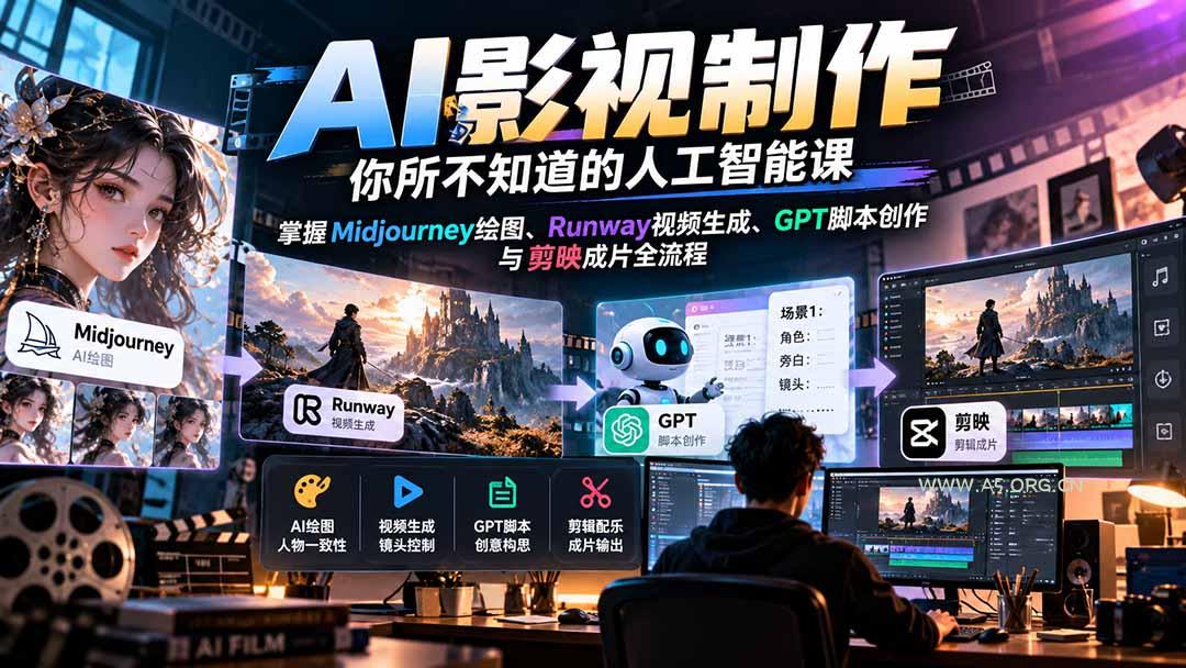 【无水印】AI影视制作-你所不知道的人工智能课，掌握Midjourney绘图、Runway视频生成、GPT脚本创作与剪映成片全流程-小红泡