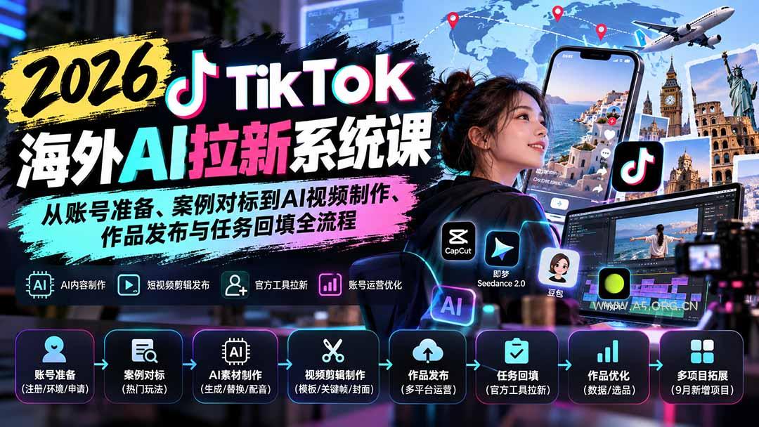 【无水印】2026 TikTok海外AI拉新系统课：从账号准备、案例对标到AI视频制作、作品发布与任务回填全流程-小红泡