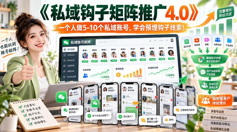 【无水印】《私域钩子矩阵推广4.0》一个人做5-10个私域账号,学会预埋钩子线索!-小红泡