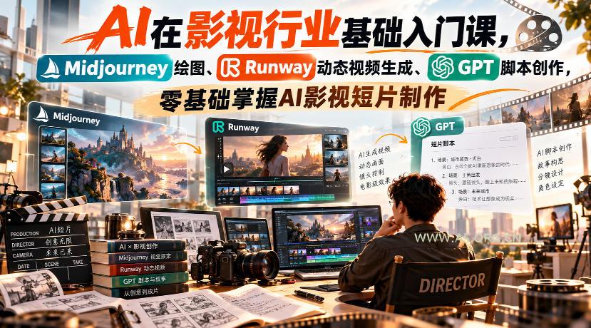 【无水印】AI在影视行业基础入门课,Midjourney绘图、Runway动态视频生成、GPT脚本创作,零基础掌握AI影视短片制作-小红泡