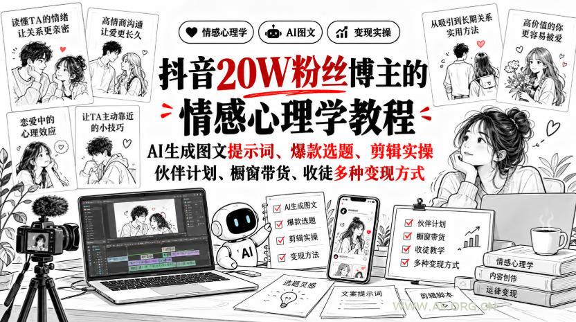 抖音20W粉丝博主静候心声的情感心理学教程,AI生成图文提示词、爆款选题、剪辑实操,伙伴计划、橱窗带货、收徒多种变现方式-小红泡