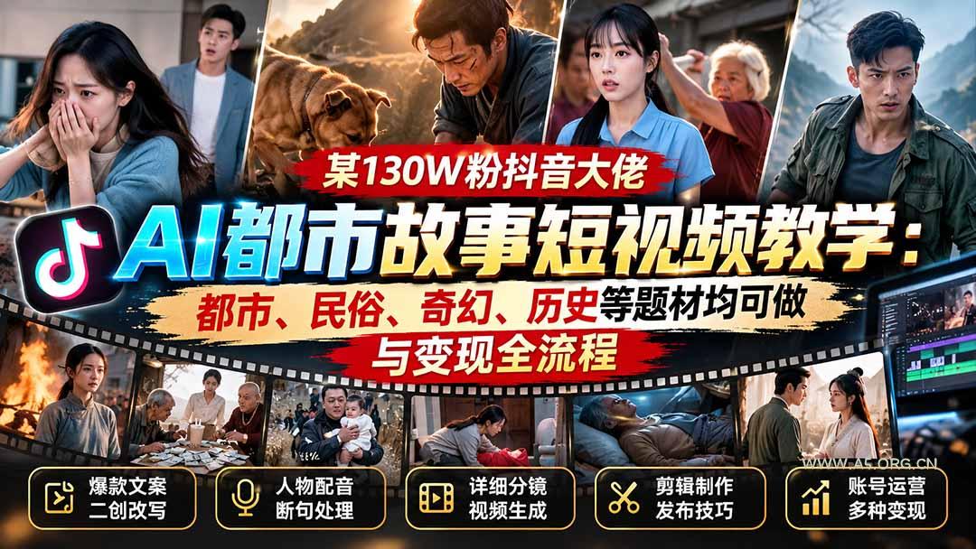 某130W粉抖音大佬AI都市故事短视频教学:都市、民俗、奇幻、历史等题材均可做与变现全流程-小红泡