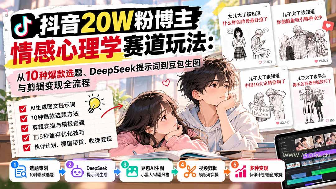 抖音20W粉博主-情感心理学赛道玩法：从10种爆款选题、DeepSeek提示词到豆包生图与剪辑变现全流程-小红泡