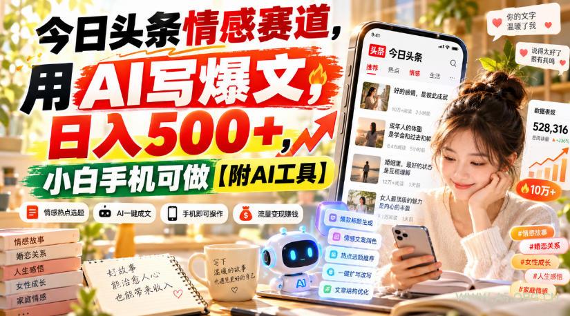 今日头条情感赛道，用AI写爆文，日入500+，小白手机可做【附AI工具】-小红泡
