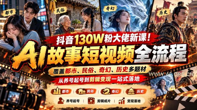 抖音130W粉大佬新课!AI故事短视频全流程,覆盖都市、民俗、奇幻、历史多题材,从养号起号到剪辑变现一站式落地-小红泡