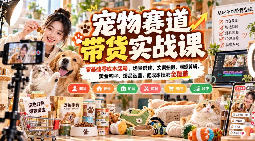 宠物赛道带货实战课,零基础零成本起号,场景搭建、文案拍摄、网感剪辑、黄金钩子、爆品选品、低成本投流全覆盖-小红泡