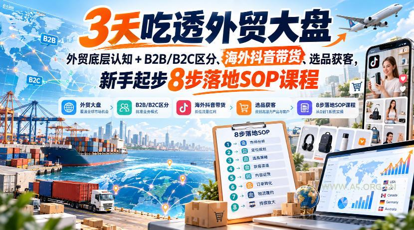 3天吃透外贸大盘，外贸底层认知+B2B/B2C区分、海外抖音带货、选品获客，新手起步8步落地SOP课程-小红泡