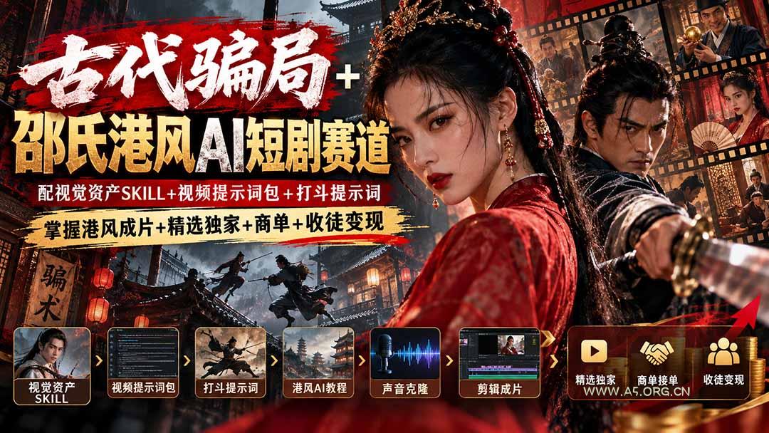 古代骗局+邵氏港风AI短剧赛道：配视觉资产SKILL+视频提示词包+打斗提示词，掌握港风成片+精选独家+商单+收徒变现-小红泡