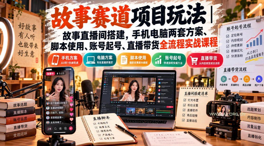 故事赛道项目玩法｜故事直播间搭建，手机电脑两套方案、脚本使用、账号起号、直播带货全流程实战课程-小红泡