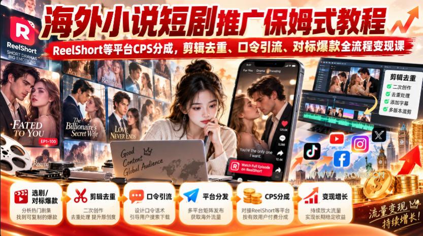 海外小说短剧推广保姆式教程｜ReelShort等平台CPS分成，剪辑去重、口令引流、对标爆款全流程变现课-小红泡