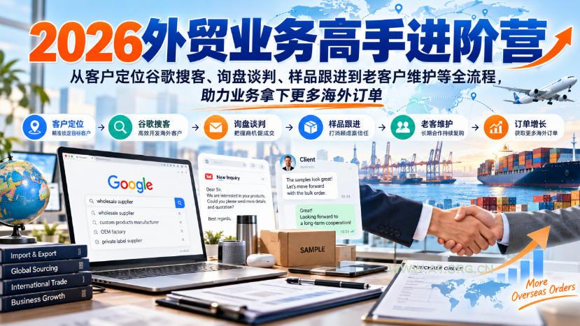 2026外贸业务高手进阶营,从客户定位谷歌搜客、询盘谈判、样品跟进到老客户维护等全流程,助力业务拿下更多海外订单-小红泡