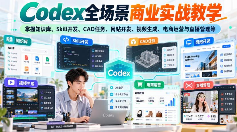 【无水印】Codex全场景商业实战教学，掌握知识库、Skill开发、CAD任务、网站开发、视频生成、电商运营与直播管理等-小红泡