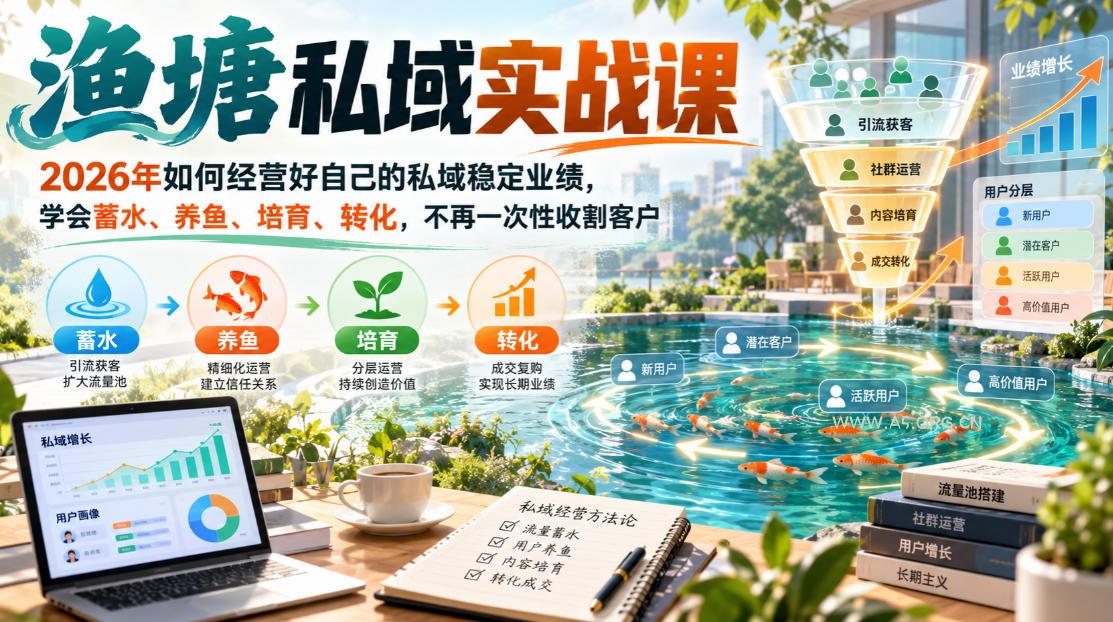 渔塘私域实战课,2026年如何经营好自己的私域稳定业绩,学会蓄水、养鱼、培育、转化,不再一次性收割客户-小红泡