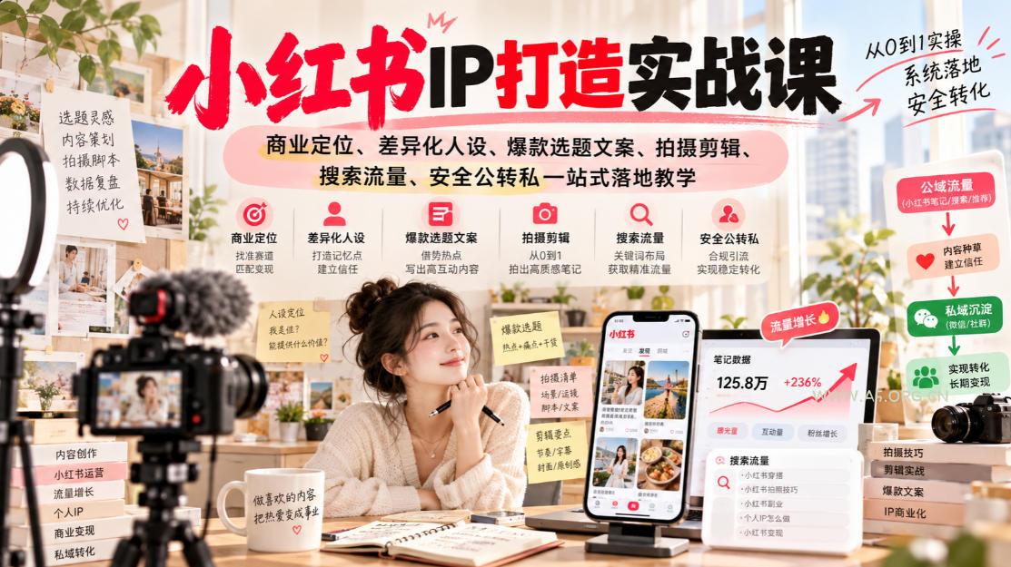 小红书ip打造实战课,商业定位、差异化人设、爆款选题文案、拍摄剪辑、搜索流量、安全公转私一站式落地教学-小红泡