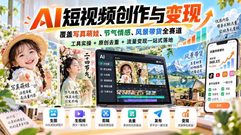AI短视频创作与变现，覆盖写真萌娃、节气情感、风景带货全赛道，工具实操+原创去重+流量变现一站式落地-小红泡