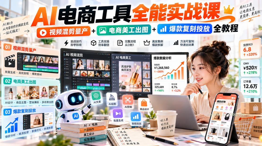 AI电商工具全能实战教学,视频混剪量产+电商美工出图+爆款复刻投放全教程-小红泡